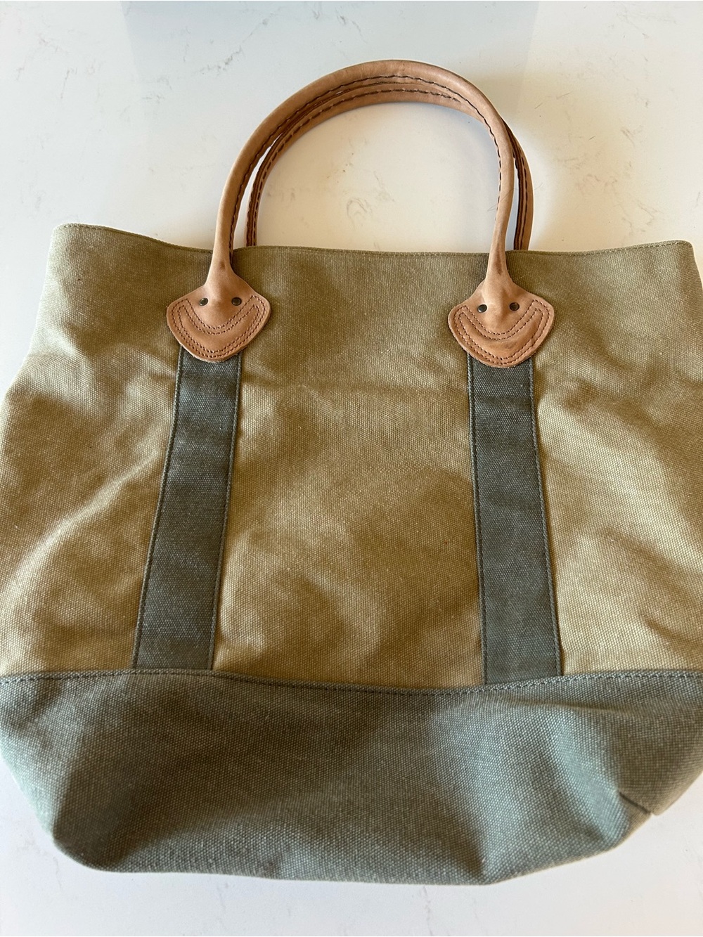 LL Bean Canvas Tote Bag with Leather Handles - Olive and Tan